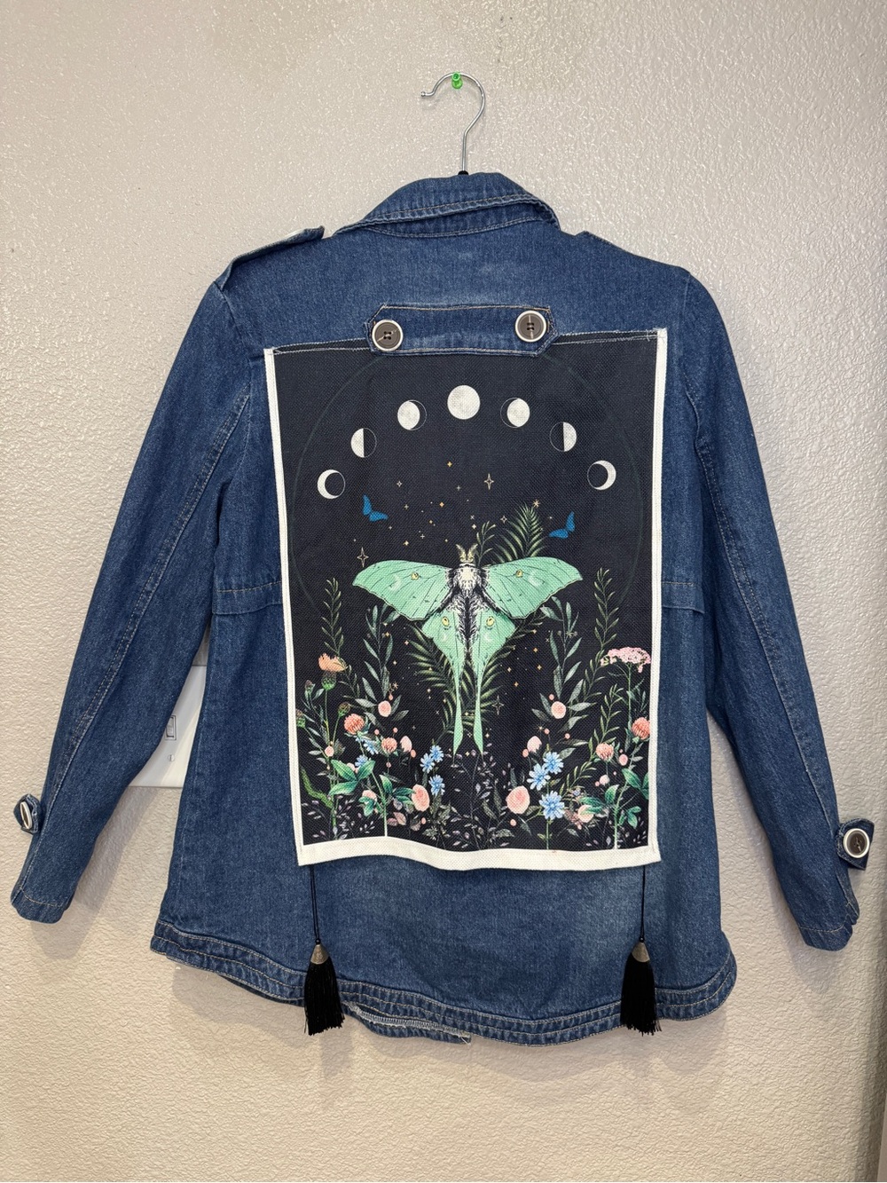 Upcycled Wicked Daisies Luna Moth Moon Phase Denim Jacket Boho Cottagecore Fairy